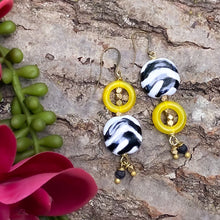 Load image into Gallery viewer, Black and White Kazuri and Brass Dangle Earrings