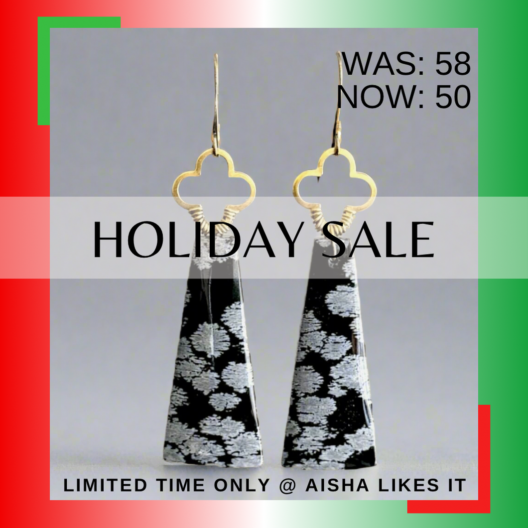 Brass + Stone Earrings: Snowflake Obsidian