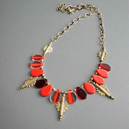 Red Mali Wedding Bead and Brass Necklace