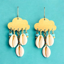 Load image into Gallery viewer, Pair of earrings with shell and bead decorations on a turquoise background