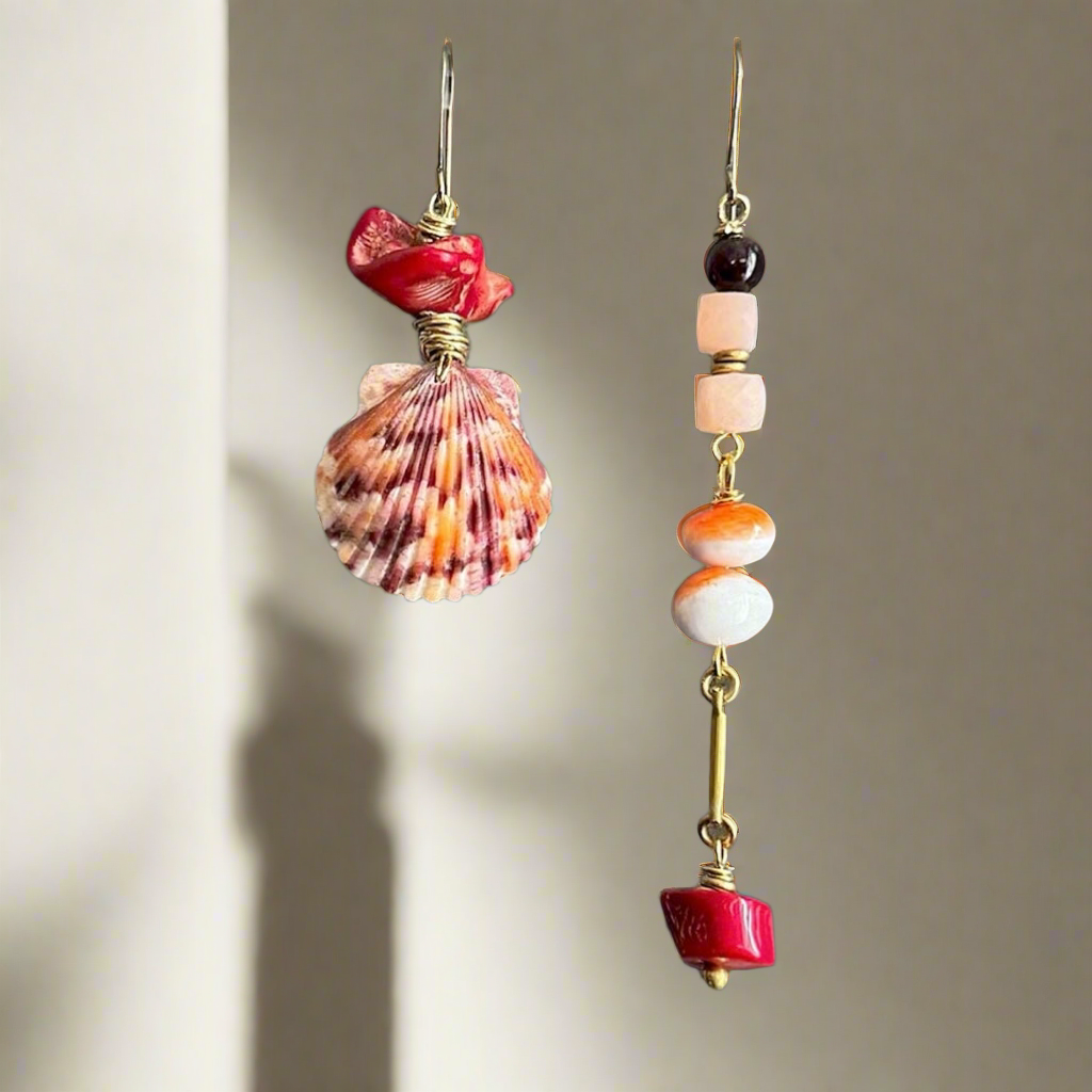 Coral and Spiny Mismatched Earrings, Take 1