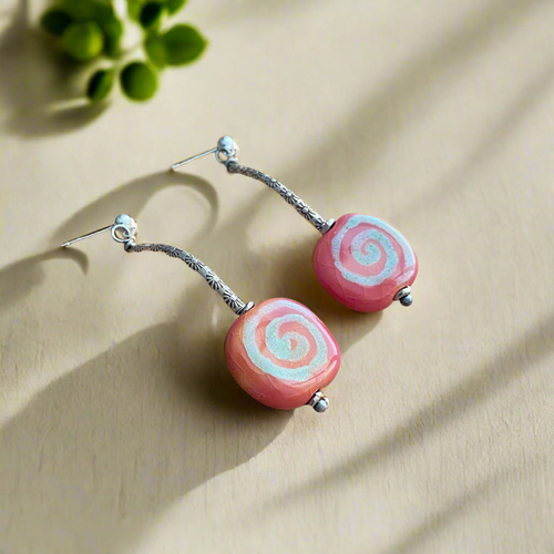 Sterling Pink  Maze Drop Kazuri Earrings