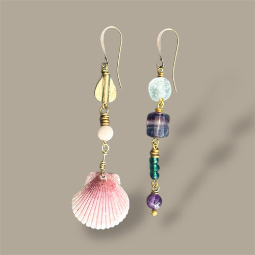 Amethyst & Fluorite Scallop Mismatched Earrings