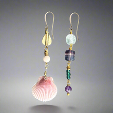 Load image into Gallery viewer, Amethyst &amp; Fluorite Scallop Mismatched Earrings