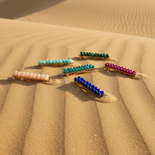 Load image into Gallery viewer, Five brass hair barrettes embellished with faceted gemstones in ruby, lapis, malachite, apatite, amazonite, peach moonstone. 