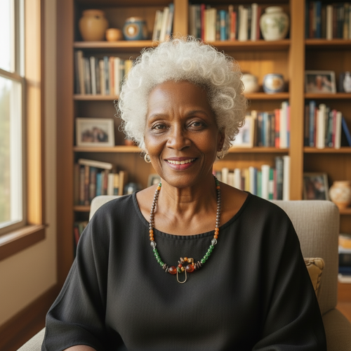 Woman sitting in a chair with orange green and brown statement necklace with a bookshelf in the background