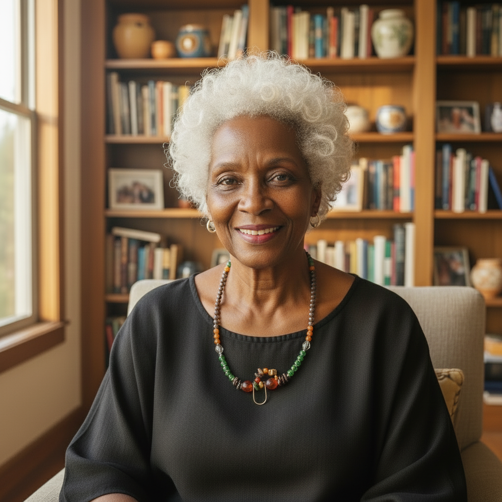 Woman sitting in a chair with orange green and brown statement necklace with a bookshelf in the background