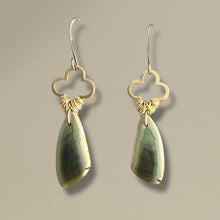 Load image into Gallery viewer, Pair of green and cream earrings on a beige background