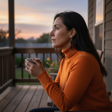 Load image into Gallery viewer, Woman in an orange sweater wearing black and silver drop earrings holding a mug on a porch at sunset.