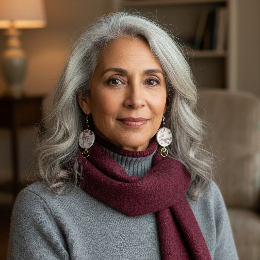 Woman with gray hair wearing a maroon scarf in a cozy indoor setting