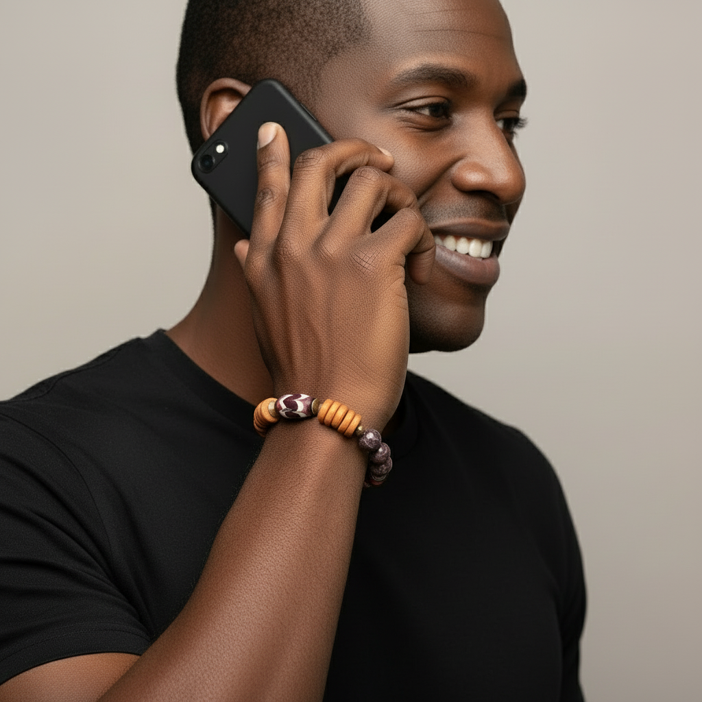Man talking on a phone with a smile, wearing a black shirt and a bracelet.