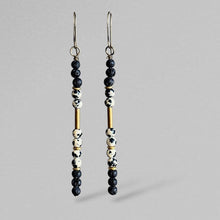 Load image into Gallery viewer, Pair of Dalmatian jasper matchstick beaded earrings on a gray background