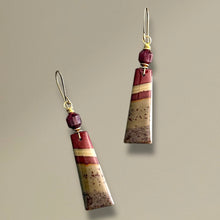 Load image into Gallery viewer, Pair of striped  maroon and army green gemstone  earrings  on a beige background