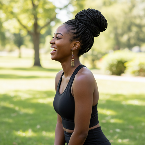 Woman in athletic wear standing in a park wearing gemstone earrings
