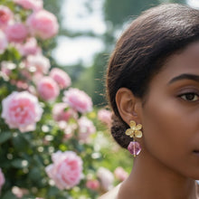 Load image into Gallery viewer, Woman wearing floral earrings with pink flowers in the background