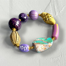 Load image into Gallery viewer, Bracelet with purple, gold, and turquoise beads on a light gray background