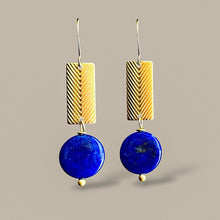 Load image into Gallery viewer, Blue Lapis and brass earrings  on a neutral background