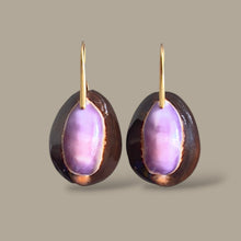 Load image into Gallery viewer, A large oval purple and brown cowrie shell earring against a tan backdrop.