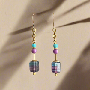 Pair of earrings with turquoise, lavender and pool blue beads on a beige background