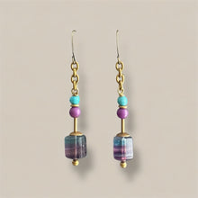 Load image into Gallery viewer, Pair of earrings with turquoise, lavender and pool blue beads on a beige background