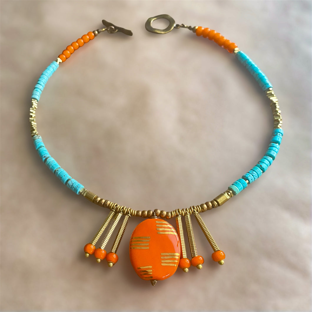 Orange and Turquoise Kazuri Necklace