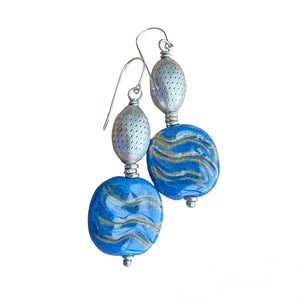 Blue Sand Lines Kazuri Earrings
