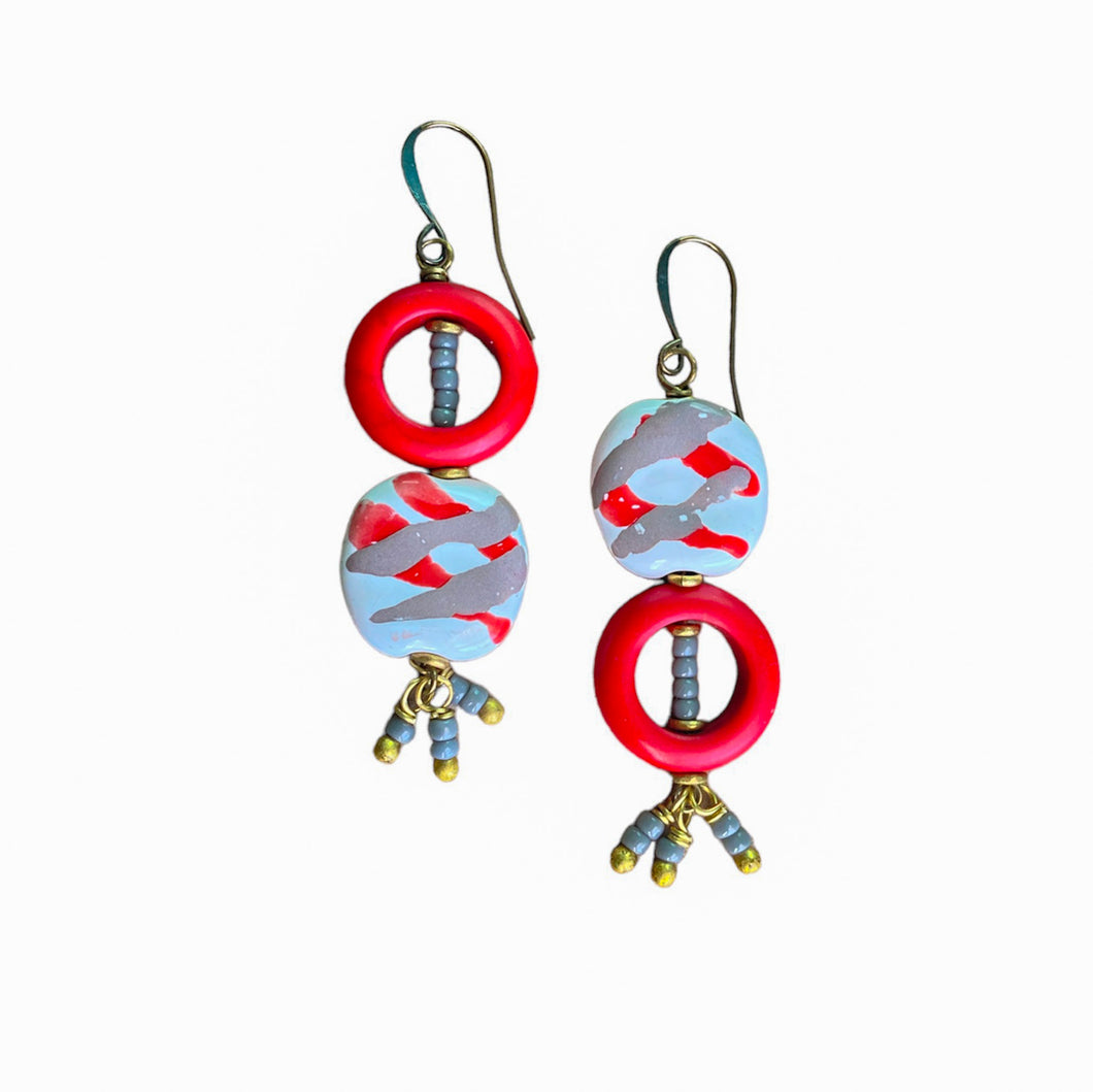 Red Slash Kazuri Dangle Earrings