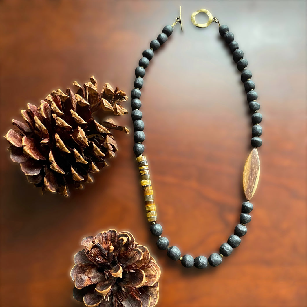 Black and Tiger’s Eye Wood African Beaded Necklace (Reserved for RA)