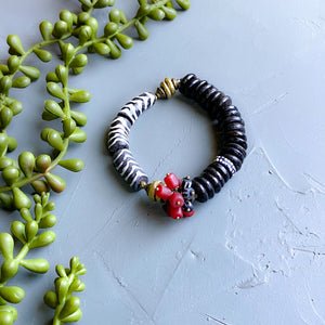 Black and Cranberry Cluster African Beaded Bracelet