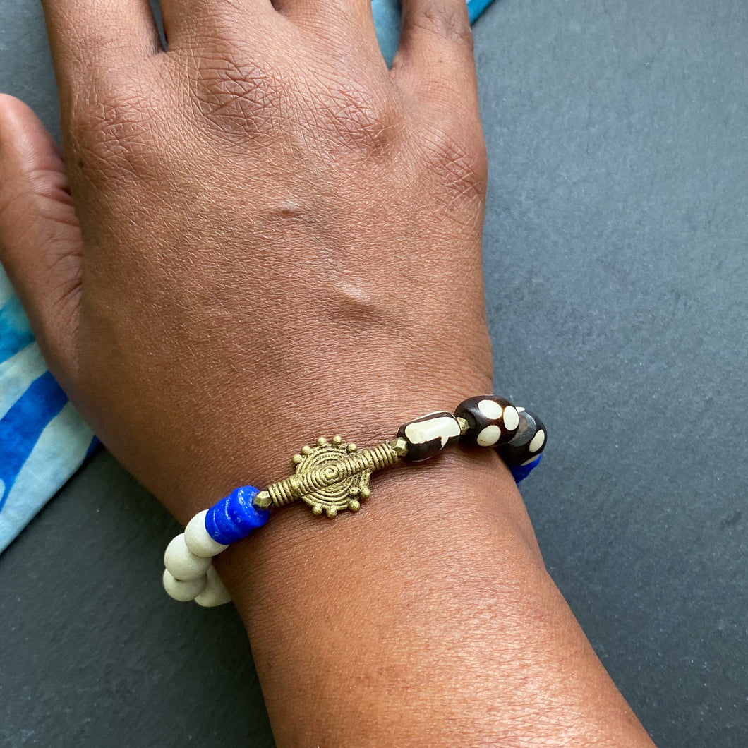 Blue and White Shield African Beaded Bracelet