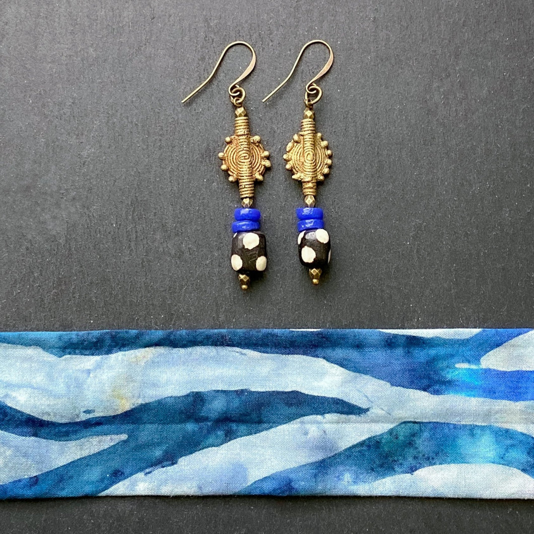 Blue and White Shield Drop Earrings