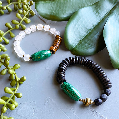Malachite and Recycled Glass Beaded Bracelet