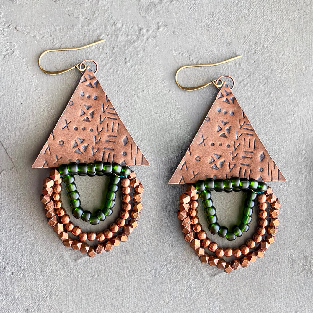Mud & Mettle #14: Green Copper Triangle Swirl Earrings