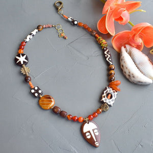 Orange Menagerie African Mask Necklace