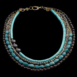 Black and Teal African Glass Multi-strand Necklace