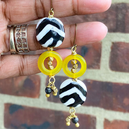 Black and White Kazuri and Brass Dangle Earrings