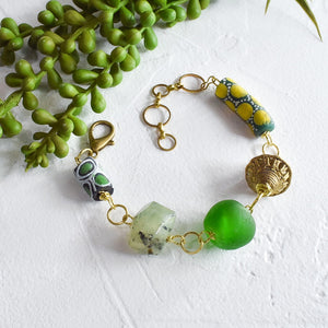 Prehnite and Green African Beaded Charm Bracelet
