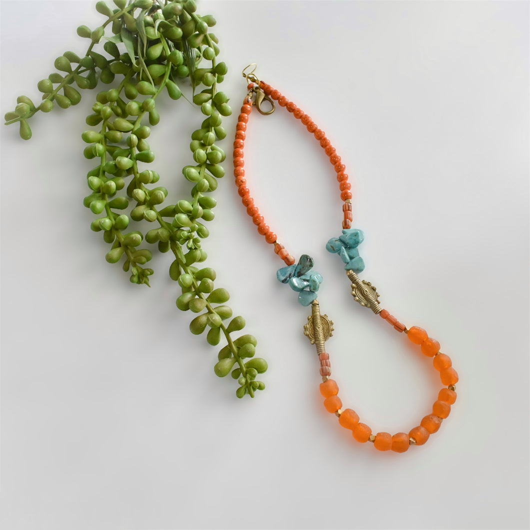 Turquoise and Orange African Beaded Necklace