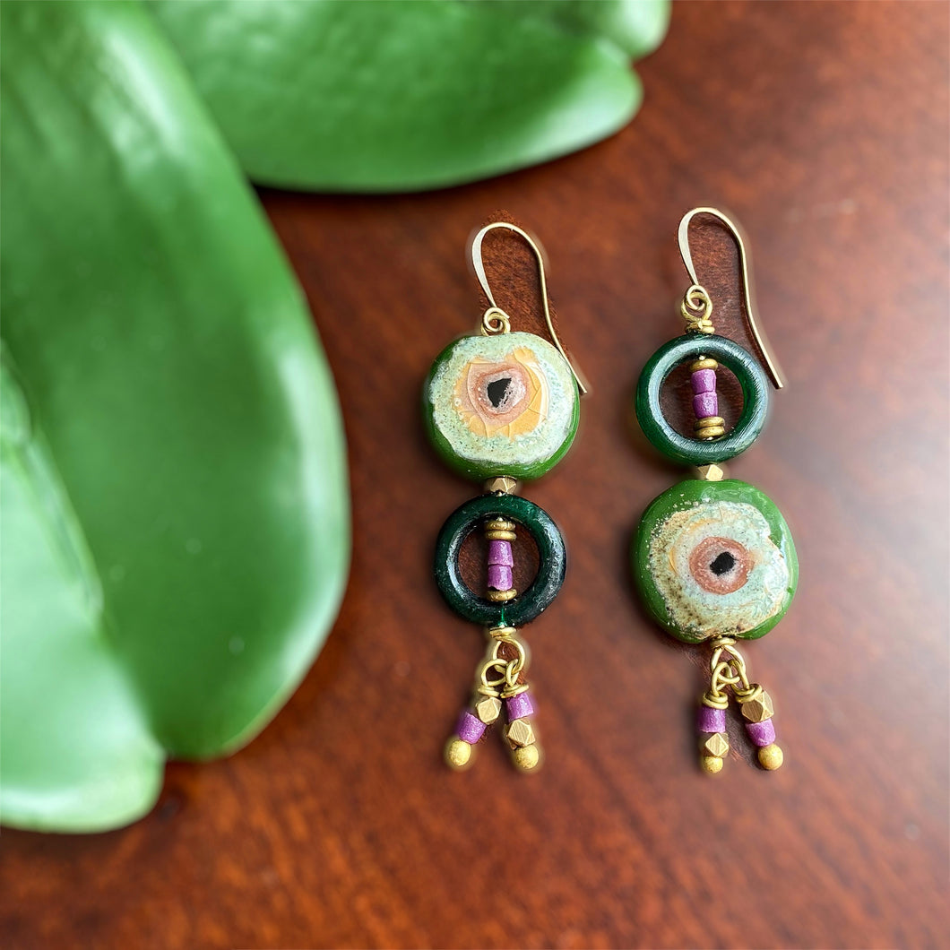 Green and Purple Kazuri Dangle Earrings
