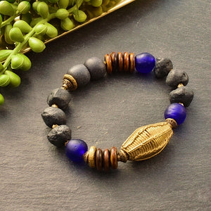 Dark Grey, Blue, and Ashanti Brass Unisex Bracelet - Afrocentric jewelry