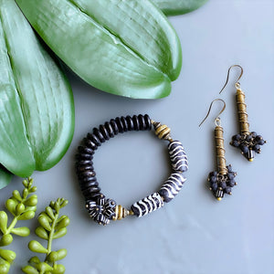 Black Bubbles: Lava Stone and African Brass Drop Earrings