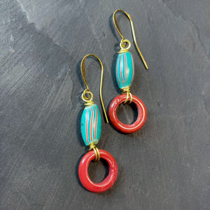 Teal and Red Antique African Beaded Earrings