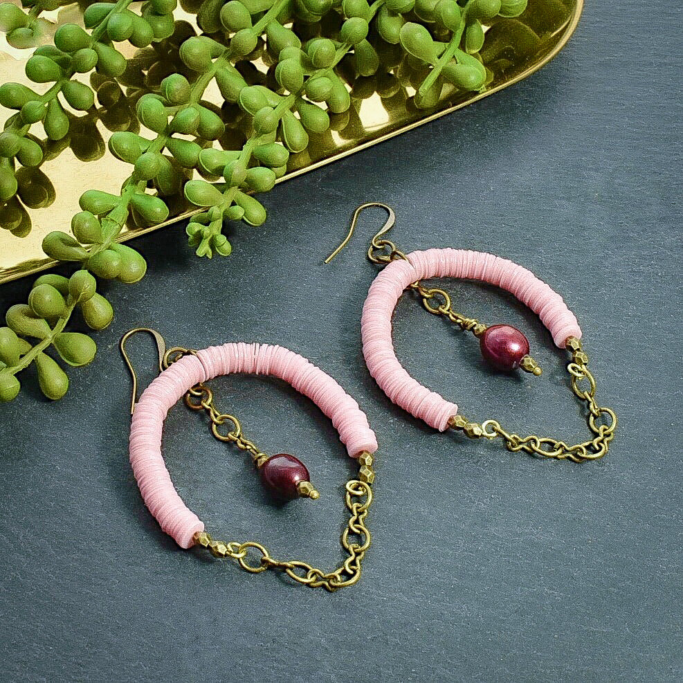 Pink Recycled Vinyl Hoop Earrings with Pearls