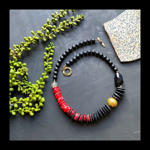 Black and Red Bamboo Coral Statement Necklace (RESERVED)