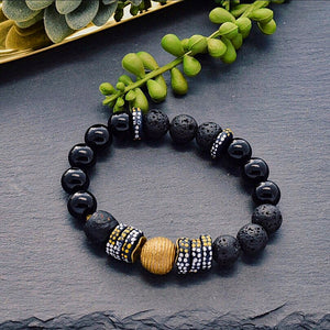 Black Beaded Bracelet with Hand painted African Recycled Glass and Lava Stone - Afrocentric jewelry
