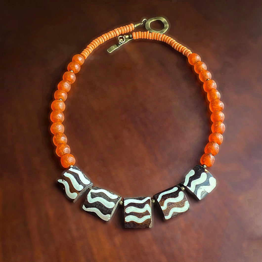 Pumpkin and Clover African Beaded Necklace