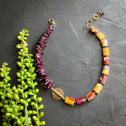 Mookaite Jasper and Burgundy African Beaded Necklace