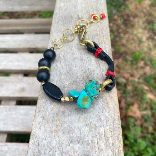 Turquoise, Coral, and Leather Bracelet