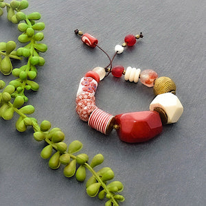 Red Chunky Bracelet with Tagua and African Beads - Afrocentric jewelry