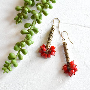 Red Coral and African Brass Drop Earrings